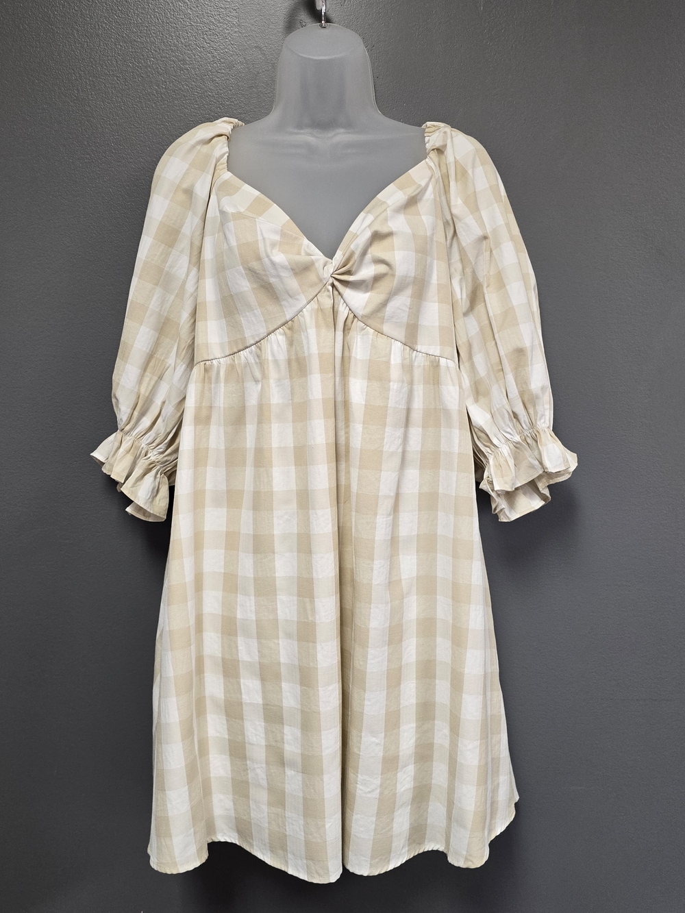 Mittoshop Gingham Babydoll Mini Dress Beige & White Puff Sleeve Large